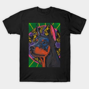 Black dog Doberman and machaon butterflies T-Shirt